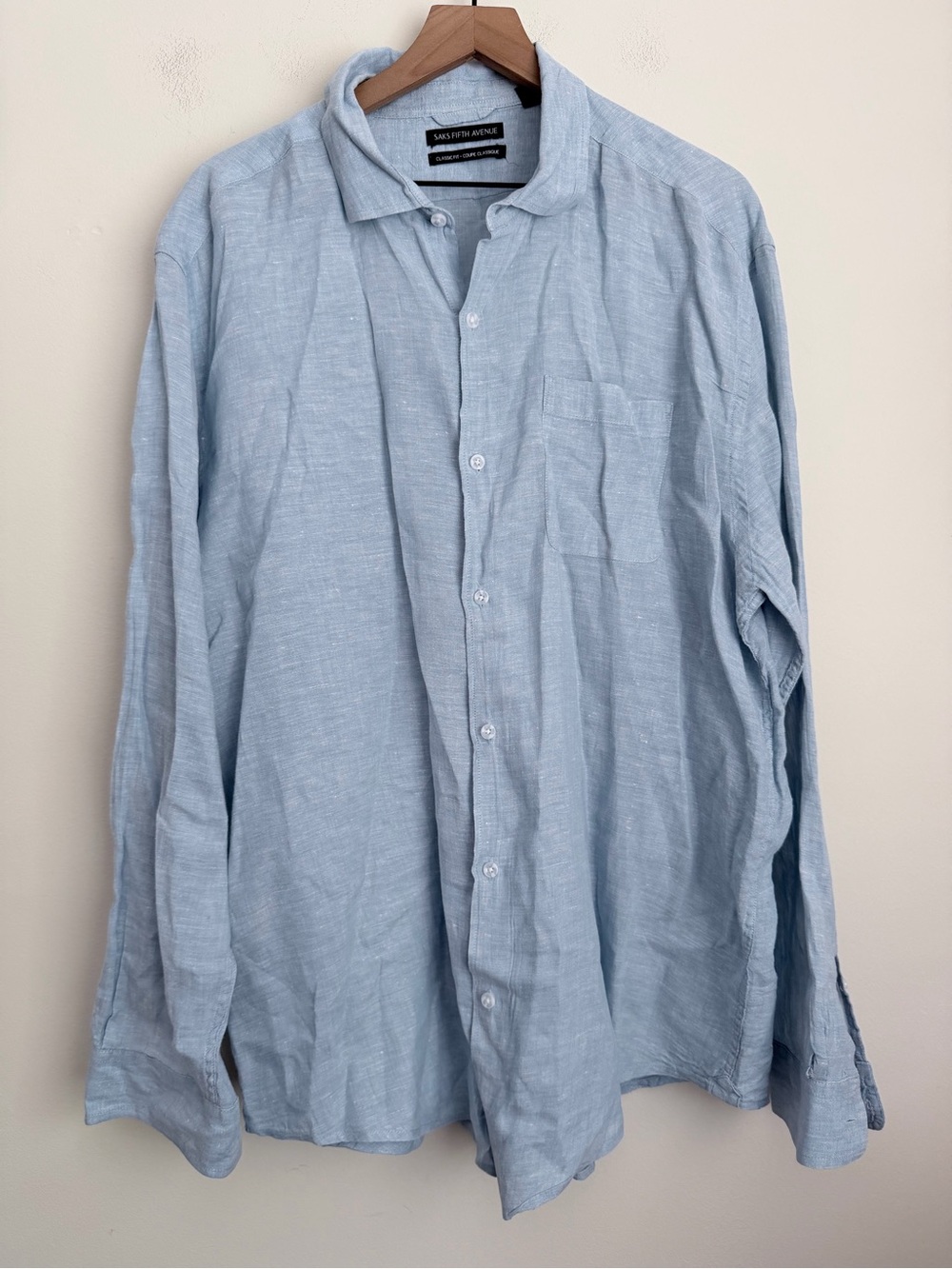 Saks Fifth Avenue Classic Fit 100% Linen Button Down Shirt Blue long sleeve XXL